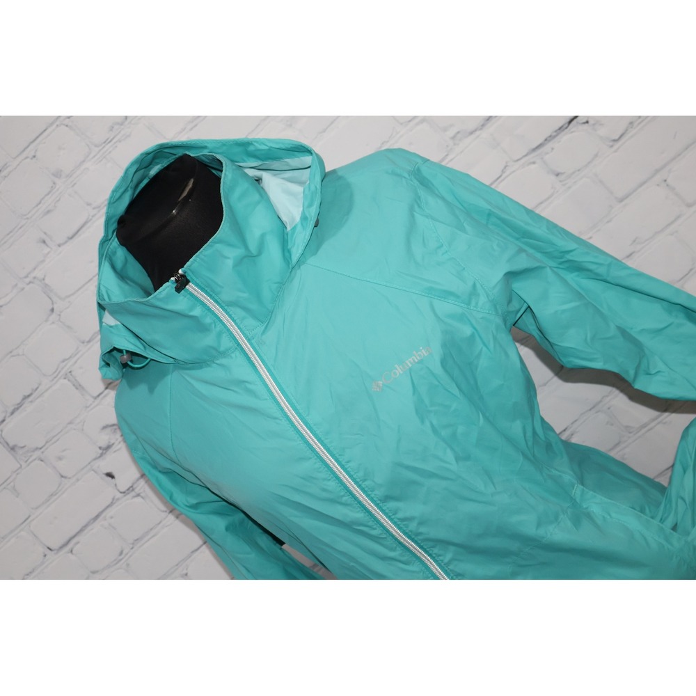 Columbia Rain Jacket Women XL Teal Blue Lightweight Hooded Mesh Lined Full Zip